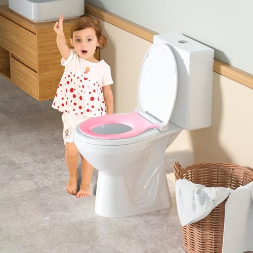 Image of Aunsffer Toddler Toilet Seat with Potty Training Seat Round 16.5inch, 2 in 1 Toilet Seat for Family Built-in Baby Seat Removable, Soft Close + Easy Clean, PP Safe Material, Pink