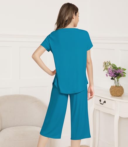 Image of NACHILA Bamboo Viscose Pajamas for Women Lace V Neck Capri Pants Pjs Set