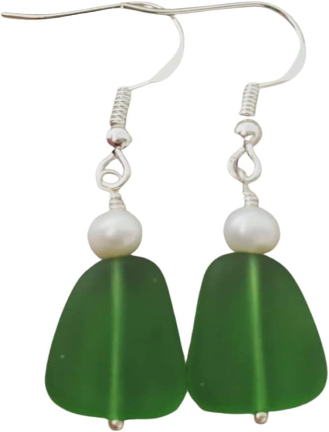 Yinahawaii Handmade Sea Glass Earrings, Hawaiian Jewelry for Women, Emerald Green Pearl Earrings, Unique Beach Sea Glass Jewelry For Women Birthday Gift (May Birthstone)