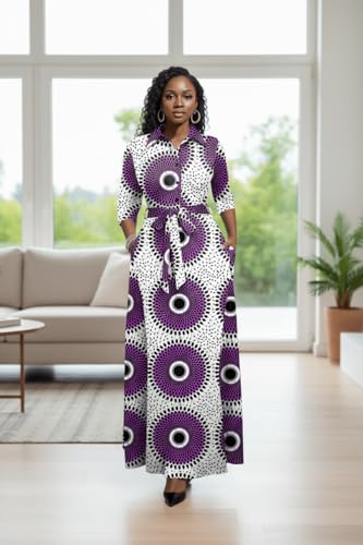 Image of Runwind Women Church Maxi Dresses 3 /4 Sleeve Button Down Print Casual Office Dress African