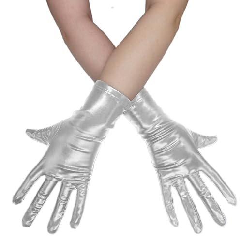 ATHX Mens and Womens Shiny Metallic Costume Gloves 1980s Halloween Wet Look Wrist Length Party Gloves Accessories (Silver One Size)