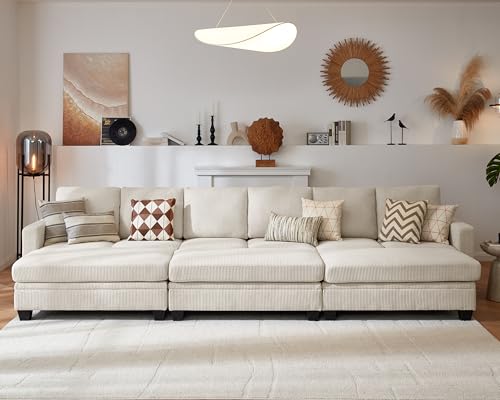 Image of CHIC HOUSE Modular Sectional Couch| Corduroy L Shaped Sleeper Sofa, U-Shape Sofa Bed Convertible Chaise with Storage Ottoman for Living Room Modern Furniture (Beige, 12 Seater Sleeper)
