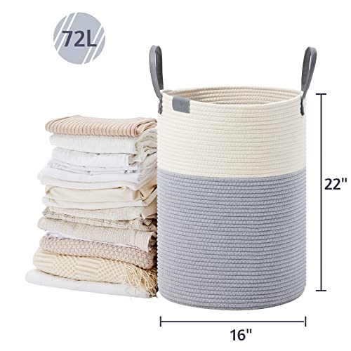 Image of VIPOSCO 72L Tall Woven Rope Laundry Hamper, Leather Handles, Grey & White | Large Wicker Laundry Basket for Dirty Clothes, Blanket, Toy, Towel, Yoga Mat, Storage Bin in Bedroom, Bathroom, Living Room