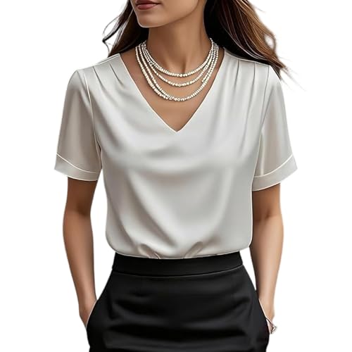 Chemisier Soie Femme Chic Et Élégant Blouse Satinée Femme Col en V Manches Courtes Chemise Satin Doux Top De Bureau Tunique Shirts Haut Soie pour...