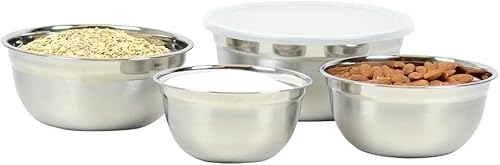 Miniatura 5 de Dependable Industries inc. Essentials Juego de 4 cuencos de acero inoxidable para preparar comidas, el más grande tiene una cubierta, refrigerador y