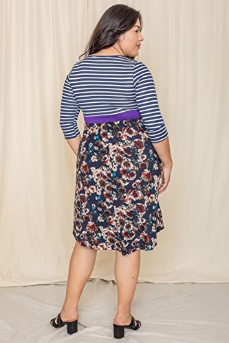 Image of Eloges Women's 3 /4 Sleeve Contrast Waist Band Floral Curved Hem Midi Dress