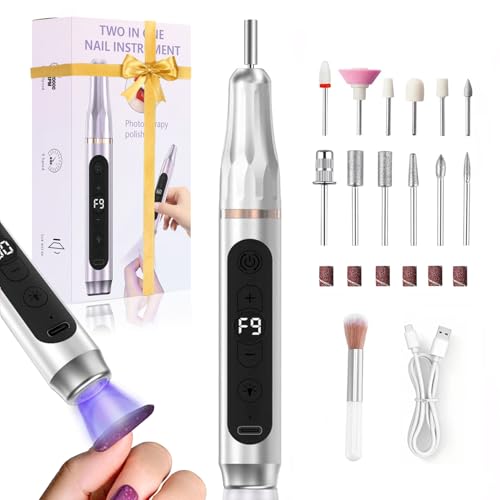XunmotorYao Torno para Uñas Profesional, 2 en 1 Lima Eléctricas Uñas con taladro LED UV, 9 Velocidad Torno Uñas Ajustable con 12 Brocas y Pantalla LCD para Manicura y Pedicura,Plata