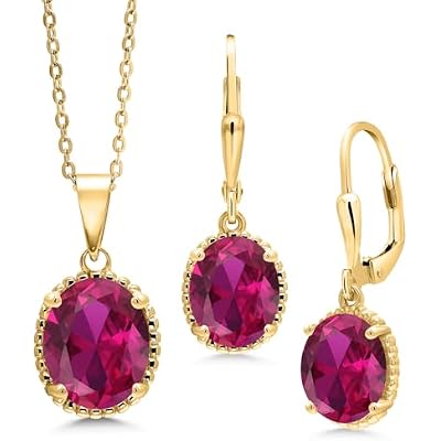 Gem Stone King 5-9 Cttw Oval Pendant and Earrings Jewelry Set For Women | 11X9MM and 9X7MM Gemstone Birthstone | 18K Yellow Gold Plated Silver | 18 Inch Silver Chain
