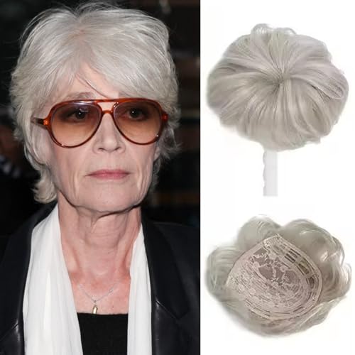 Hair Topper for Women Short Bob with Bangs &Side Part 360° 3D Cover 6.5x6.5 Inches Synthetic Hair Topper Pieces Natural Look Wig for Thinning Hair (Silver Gray)