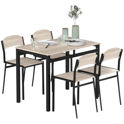 HOMCOM Set da Pranzo da 5 Pezzi con 1 Tavolo Rettangolare e 4 Sedie, in Acciaio e MDF, Nero e Rovere