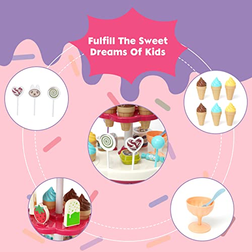 Eiscreme-Spielzeug 36 Stück Kinder Eiscreme Eisverkauf Spielset-Set Süßigkeitenwagen mit Süßigkeiten, Lutscher, Schokolade, großer Stauraum, Musik, Rollenspiel Geschenk für Kinder Mädchen ab 3 Jahre