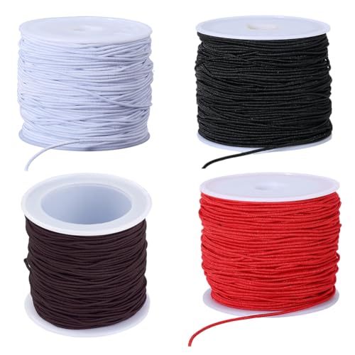 PONABEADIY 4 Rouleau de Cordon Élastique Rond de 1mm Fibre Extensible Noir Blanc Marron Rouge Fil Souple et Robuste pour la Fabrication de Bijoux de Colliers...