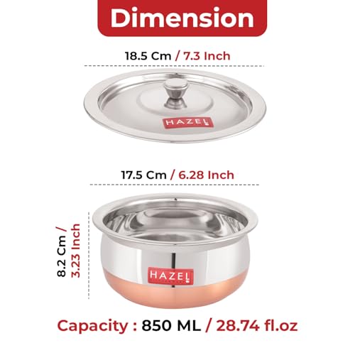 Image of HAZEL Copper Bottom Handi Small 850 ml with Lid | Stainless Steel Cookware Handi | Copper Bottom Vessels for Cooking | Steel Utensils for Kitchen | Small Steel Vessels for Cooking