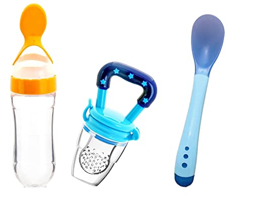 Image of Baby Feeding Set: 3-Piece Silicone Baby Fruit Nibbler & Feeder, Heat Sensor Spoon (Multicolor)