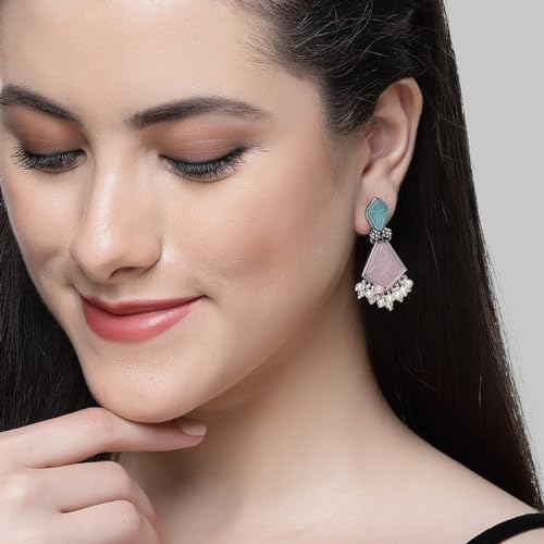 Image of Karatcart Silver Tone Diamond Shape Pink and Blue Carved Stone Studded Drop Earrings for Women