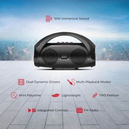 Image of pTron Fusion Go 10W Portable Bluetooth Speaker with 6Hrs Playtime, Immersive Sound, Auto-TWS Function, Supports BT /USB /SD Card /AUX Playback & Lightweight (Obsidian)
