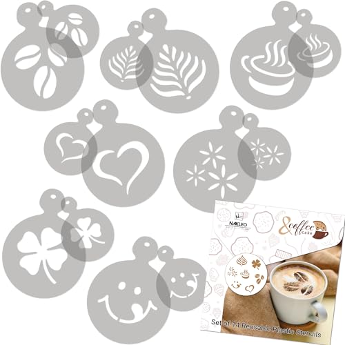 NAKLEO Coffee Cookies Decoration Reusable Plastic Baking Stencil - 7x7cm and 11x11cm / 2.8'x2.8' and 4.3'x4.3' - Coffee Heart Beans - Art Craft DIY Biscuit Pastry Cake Glaze Kitchen