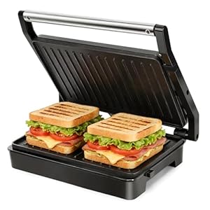 Aigostar Sandwich Toaster Panini Press, 1000W Deep Fill Toastie Maker, Non-Stick-Coated Aluminium Plates, Indicator Light, Stainless Steel, Black-Larissa