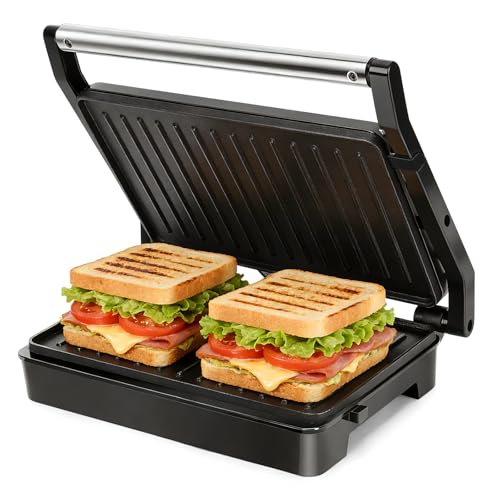 Aigostar Sandwich Toaster Panini Press, 1000W Deep Fill Toastie Maker, Non-Stick-Coated Aluminium Plates, Indicator Light, Stainless Steel, Black-Larissa