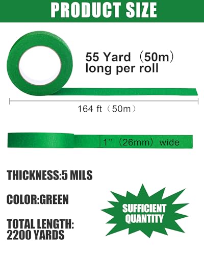 Image of Fainne 40 Pcs Green Painters Masking Tape Bulk 1 Inch x 55 Yard, General Purpose Paint Band Removable Adhesive Tape Multi Surface Roll for Painting Labeling School Supplies