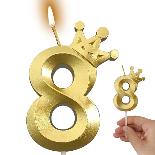 Gold Number Candles Birthday Candles for Cake Candles Birthday Decorations for Women/Men Birthday Cake Topper (Gold, 8)