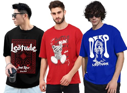 Image of LEOTUDE Men's Cotton Trendy Oversized Round Neck Printed T-Shirt Combo (Pack of 3)