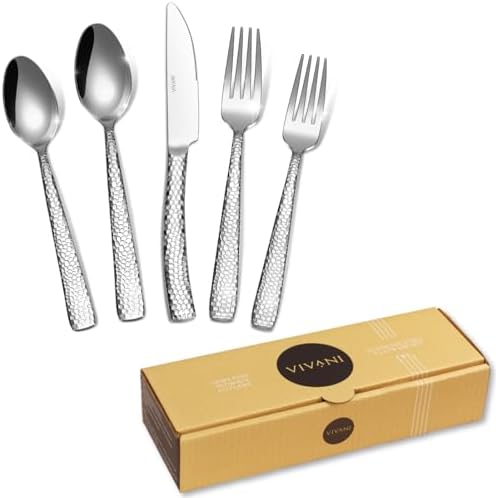 VIVANI 20-Piece Hammered Silverware Set, Stainless Steel Flatware Set for 4, Heavy Cutlery Set, Including Forks Spoons and Knives Set for Home, Party, Restaurant, Cafes, Dishwasher Safe
