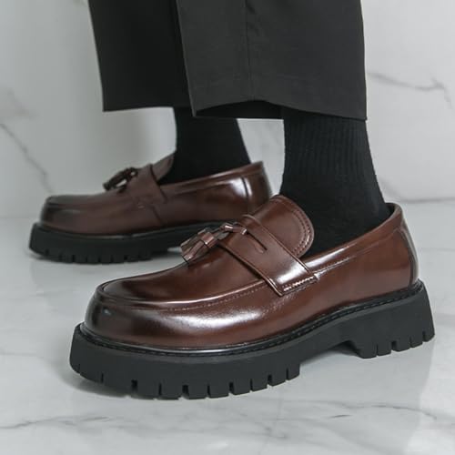 Image of Mens Leather Slip-On Platform Dress Tassels Loafers Non-Slip Low Top Round Toe Chunky Penny Shoes for Business Casual Dress Prom Party