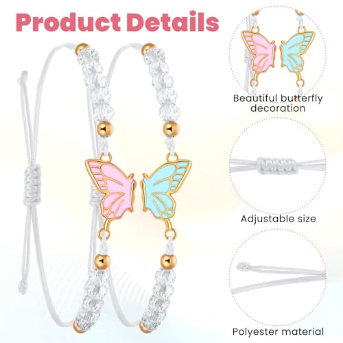 2pcs Matching Bracelets, Butterfly Friendship Bracelets Adjustable Strand Best Friends Bracelet BFF Bracelet, Handmade Charm Couples Jewelry Gifts for Women Couples Friend (Pink + Blue)3