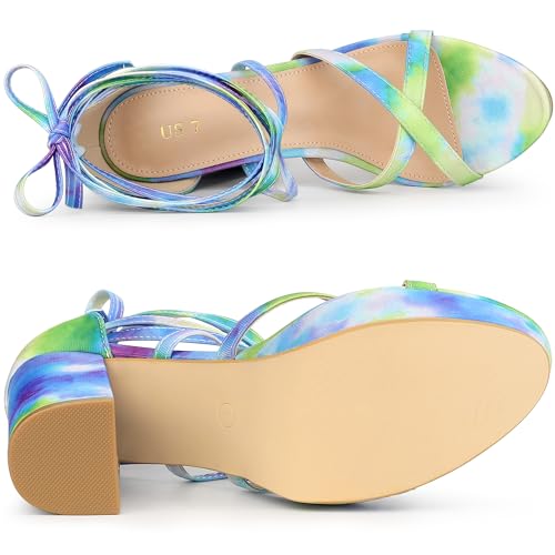 Allegra K Allegra K Women's Tie Dye Platform Chunky Heel Lace Up Tie Dye Green Blue Sandals 10 M US