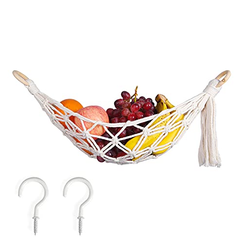 WUDQIJI Frucht Gemüse Hängematte Lang 56cm Obst Hängematte Obstkorb hängend Obst Hängekorb Küche Hängend Spielzeug Organizer mit 2 Stück Schraubhaken für Küche Wohn Badezimmer Schlafzimmer