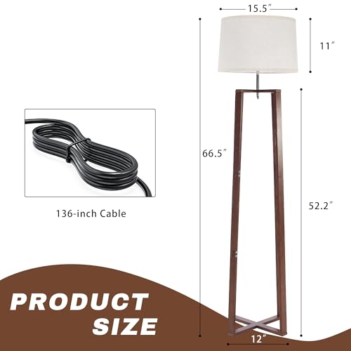 Image of 66 inch Bamboo Corner Floor Lamp with Linen Shade, Mid Century Standing Lamp, Modern Natural Tall Floor Lamp for Living Room Bedroom Office, E26 (Walnut Color)