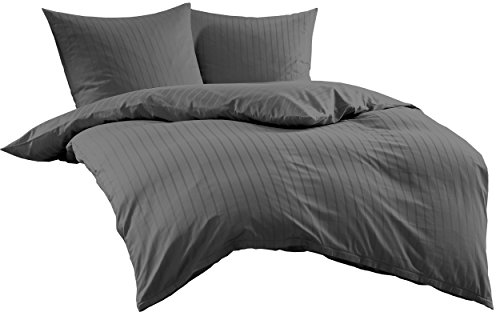 Bettwaesche-mit-Stil Mako Satin Damast Streifen Bettwäsche Garnitur Lima gestreift mit Reißverschluss (Anthrazit, 240 x 220 + 2X 80 x 80)