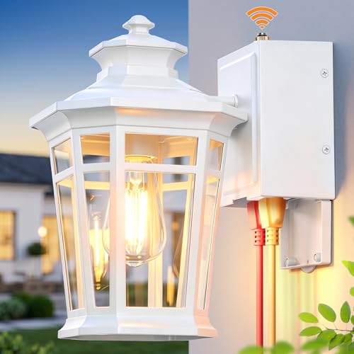 Image of Gleamz Large Porch Lights Outdoor with GFCI Outlet, White Exterior Lighting Fixtures with Dusk to Dawn Sensor, Front Porch Light Wall Mount, Patio Wall Light Fixture for Garden Front Door Coach