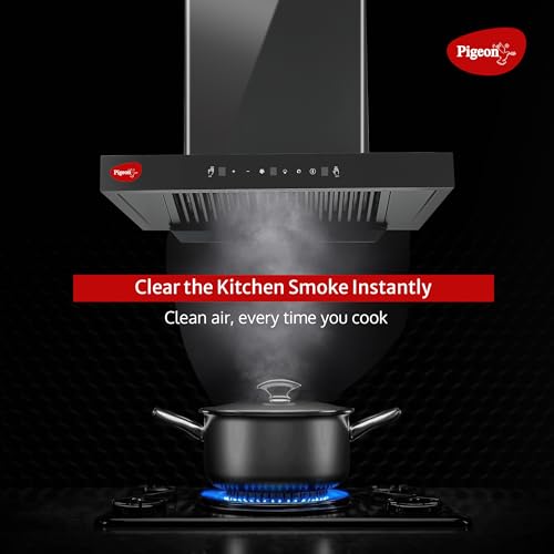 Image of Pigeon Atmos 60 cm BLDC T Shape Kitchen Chimney 1500 m3 /hr | Filterless Autoclean Kitchen Chimney | 12 Years Motor and 2 Years Comprehensive Warranty |Black | 9 Speed Touch Control + Motion Sensor