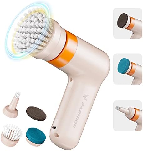 PARRIOR Electric Spin Scrubber, Handheld Rechargeable Cleaning Brush with 4 Replaceable Brush Heads, Shower Scrubber Cordless, Electric Cleaning Brush for Cleaning Bathroom/Tub/Tile/Floor/Sink/Window