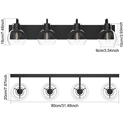Image of Tipace Bathroom Light Fixtures,4-Light Matte Black Vanity Light,Modern Wall Sconces with Clear Glass Globe Shade,Bathroom Vanity Lighting for Mirror Kitchen Bedroom Hallway(Exclude Bulb)