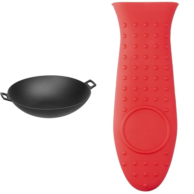 AmazonBasics Heavy Duty Pre-Seasoned Cast Iron Wok Pan 14inch(36.5cm) and AmazonBasics Silicone Hot Skillet Handle Cover Holder, Red at Rs. 2238
