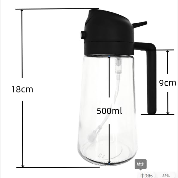 ZHIYE Oil Spray Bottle for Cooking, 500ML 2 in 1 Olive Oil Dispenser Sprayer for Kitchen Premium Clear Glass Bottle for Cooking, Air Fryer, BBQ, Salad, Black - Image 3