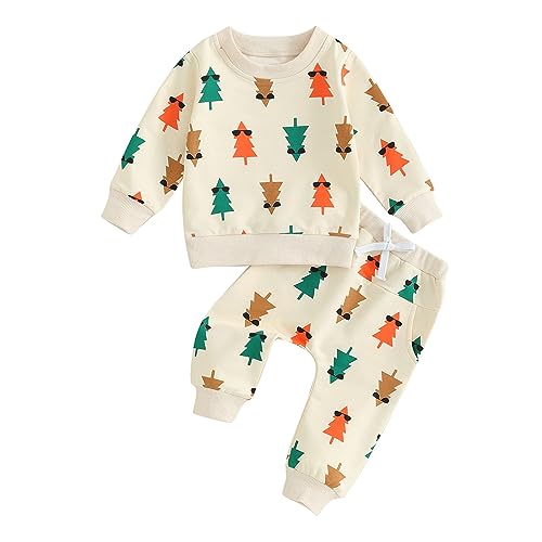 Kaipiclos Baby Boy Girl Christmas Outfit Cute Print Long Sleeve Sweatshirt and Pants Set Toddler Fall Winter Clothes (Apricot, 18-24 Months)