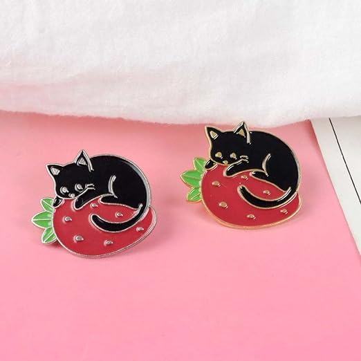 Image of 1 Pc Lovely Enamel Brooch Pins, Cartoon Cat Strawberry Pins, Badges Lapel Pin for Women Girl Backpacks Clothing Bags Jackets Jewelry