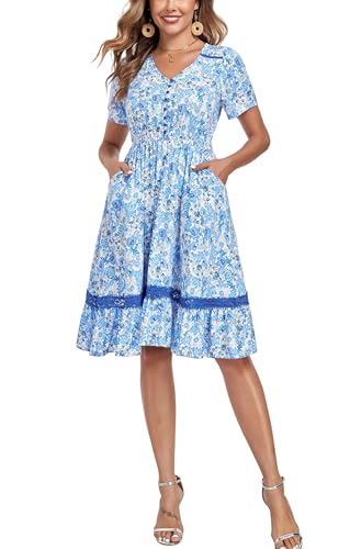 Image of Women's Floral Dress with Ladder Lace Trim Midi Summer Casual Elegance Dress