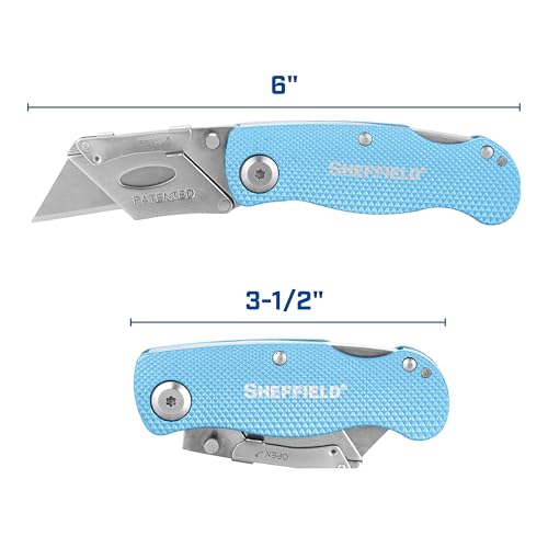 Image of Sheffield Lock Back Utility Knife 3 Pack with 10 Utility Knife Blades | Box Cutter with Aluminum Texture Grip Handle, Features Pocket Clip, Patented Quick Change Utility Blade Mechanism