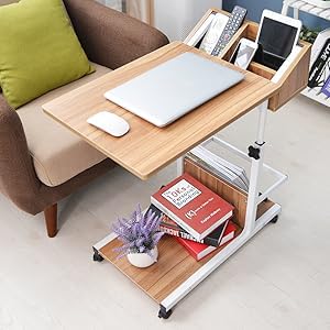 sogesfurniture Laptoptisch höhenverstellbar, mobiler Beistelltisch Sofatisch Notebooktisch Pflegetisch mit Rollen, Stauraum, für Schlafzimmer, Wohnzimmer, 50x40x55-80cm, Eiche