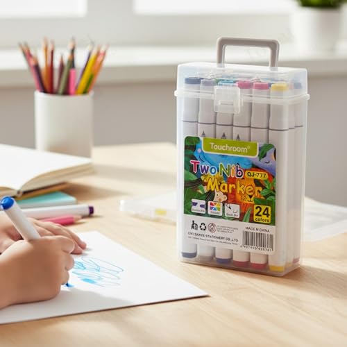 Image of JOUET Two Nib Marker Set, 24 Vibrant Colors, Double-Ended with 1mm and 0.7mm Tips, Washable Ink, Child-Safe Non-Toxic, Ergonomic Design, Portable Storage Case