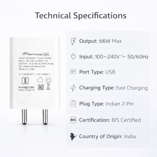 Image of 66W Flash Charging Adapter with Flash Cable | Vivo-Compatible Fast Charging | 6 Months Warranty | Compatible with Vivo X21,X50 Pro,X60 Pro,X70, V25 Pro, V27 Pro, V29e