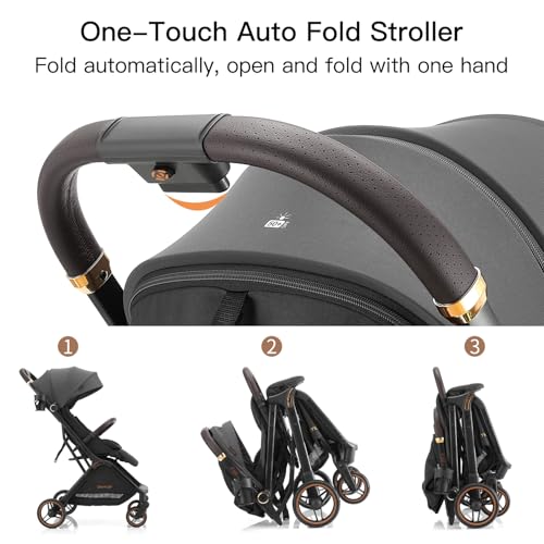 Image of Gromast Gravity Folding Baby Stroller - Portable Travel Toddler Stroller w /Adjustable Backrest, Canopy & Cup Holder, Lightweight and UV Protected, One-Hand Automatic Folding - Dark Gray