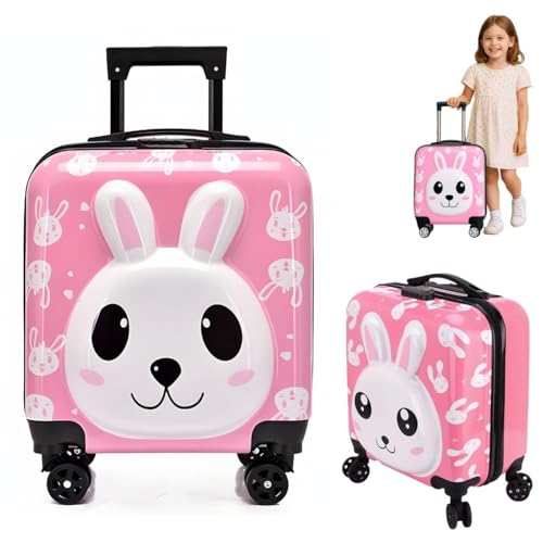 Mala Infantil de Viagem com Rodinhas 360°, Coelho Rosa, Material ABS Resistente
