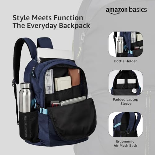 Image of Amazon Basics Casual 29L Backpack with Padded Laptop Sleeve | Backpack for Men & Women | Rain Cover Included | 3 Compartments | Travel Bag for Girls & Boys | (Blue)