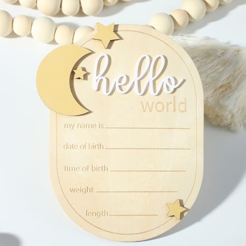 Image of Ylsteed Baby Announcement Signs Baby Name Sign Wooden Hello World Newborn Sign Baby Birth Announcement Sign Newborn Photography Props Baby Shower Hospital Nursery for Boy and Girl